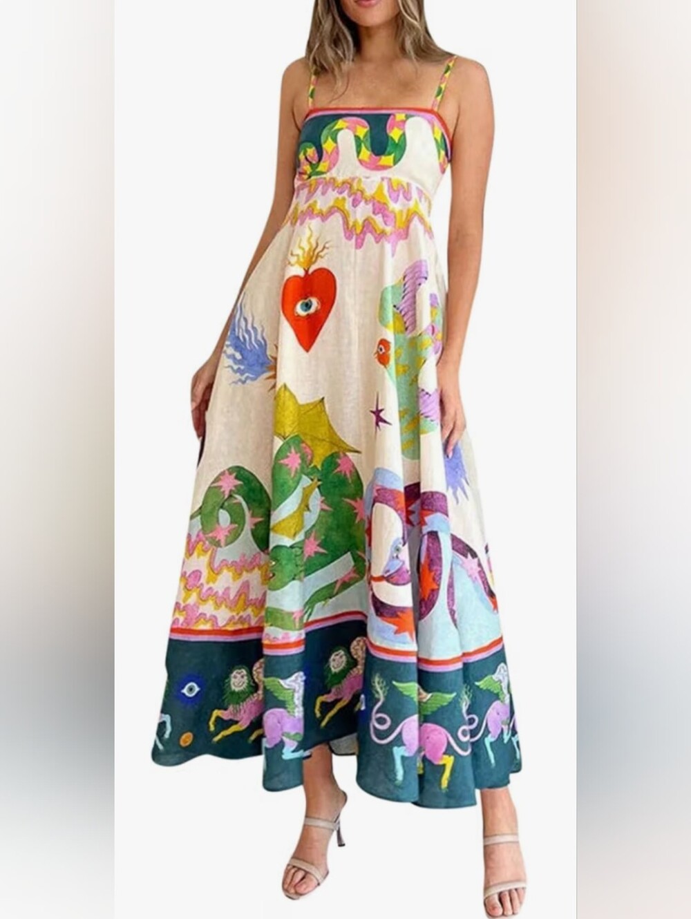 🌼B2G1🌼 Unbranded Maxi Dress Multicolor Print Vibrant Heart & Fantasy Motif